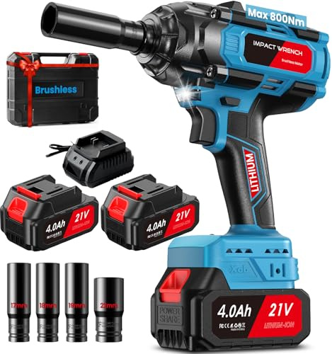 AOSTOK Brushless Impact Wrench 800 Nm, 1/2 Cordless Impact Wrench with 2 * 4000 mAh Batteries, 3 Speed Options, Impact Gun with 4 Sockets, Cordless Impact Wrench for Cars Trucks
