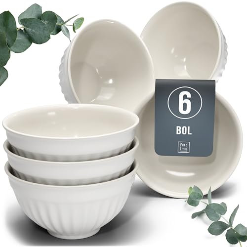 Stoneware 6-Piece Cereal Bowl Set Hygge Series - Cereal Bowl Set, Dishwasher, Microwave, and Scratch Resistant - Cereal Bowls, Small Bowls Set - Stylish Grooved Small Bowls Set in Light Grey