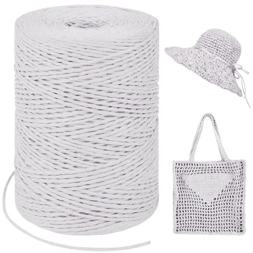 LEREATI Raffia Garn zum Häkeln, Bastband Natur 1.5mm x 300m Papiergarn Geschenkbänder, Bändchengarn zum Häkeln, Papierdraht zum Häkeltaschen, Körbe, Hüte, Geschenkverpackung (Weiß)