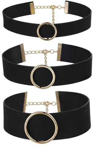 Flongo 3 Stück Choker Set für Damen: Schwarzer Samt Spitze Halsband Gold O Ring Anhänger bdsm Sexy Halskette Rundum Halsreif Gotik Punk 18mm 25mm 35mm Halloween Frauen Geschenke
