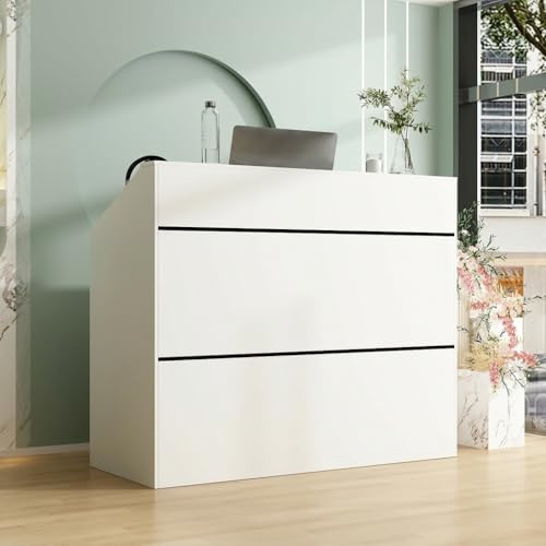 PREMTURE Modern White Reception Desk with Raised Countertop – Stylish and Functional Welcome Counter for Offices and Shops