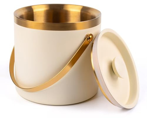 3L beige white Double Wall Insulated Stainless Steel Ice Bucket with scoop for Cocktail Bar,Metal Ice Bucket for freezer with Lid for parties.ice Container to Keep Ice Colder,bar cart accessories