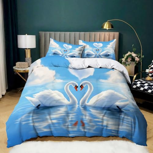 Copripiumino 260 cm x 220 cm Animale Cigno Nuvole A Forma Di Cuore Blu Bianco, Set Di Biancheria Da Letto 3 pezzi Con 2 Federe Per Tutte Le Stagioni, Copripiumino Stampata Con Chiusura A Cerniera