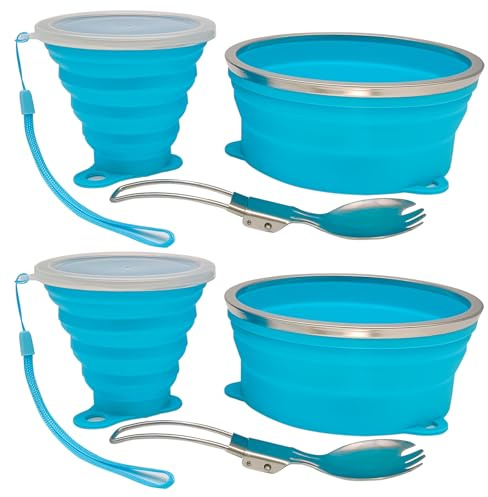 Cagelya Mess Kit for Camping Silicone Collapsible Bowl Collapsible Cup and Stainless Steel Spoon for Backpacking Outdoor Hiking Traveling and Picnic - 2 Pack