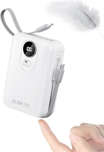 Built-in Cable 20000mAh Power Bank: 22.5W Fast Charging External Battery for Mobile Phone, USB C (Input & Output) Battery Pack, Portable Charger with 4 Outputs & 2 Inputs-White