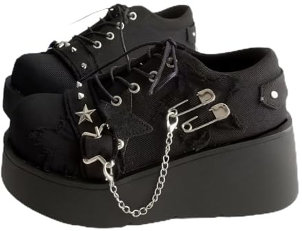 NEJKG Women's Denim Low Top Wedge Gothic Ankle Boots Fashion Chain Round Toe Lace Up Platform Ankle Boots Rave Party Prom Punk Boots