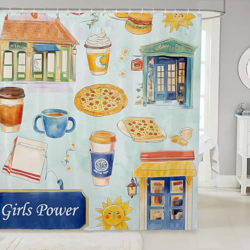 Homemissing Cortina de ducha de tela de comida rápida, cortina de ducha para niños, niñas, Hamburgo, pizza, baño, impermeable, accesorios con 12 ganchos, cortinas de cafetería, 180 x 200 cm