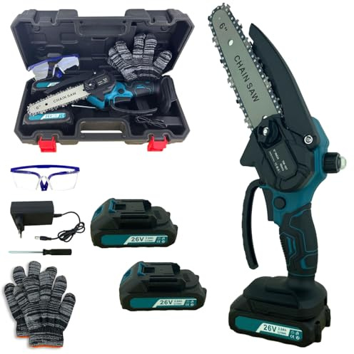 K2 Store - Mini Motosega 6 Pollici a Batteria Per Potatura Con 2 Batterie 26V, Caricatore, Accessori e Valigetta, 6 Pollici Sega Con Oliatore e Blocco di Sicurezza per il Taglio Del Legno e Giardini
