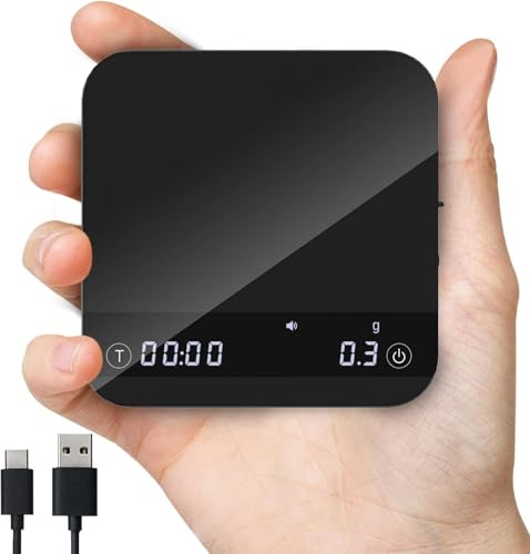 Mini-Kaffeewaage mit Timer - Wiederaufladbare Barista (Schwarz) | Waage für Filterkaffee, Espresso und Pour-Over, 2kg/0.1g Genauigkeit mit LED Anzeige