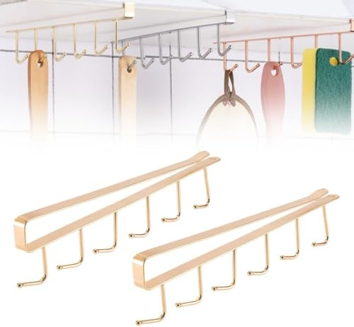 Colgador Tazas, Soporte para Tazas Debajo del Gabinete, para Armario, Sin Taladrar, Ganchos de Almacenamiento, Ganchos para Tazas, Vasos, Copas de Vino, Utensilios de Cocina (Oro)
