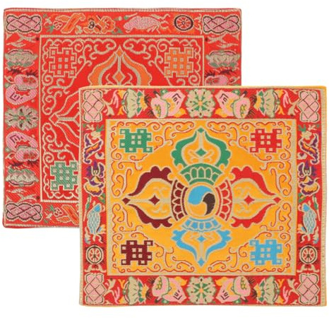 Supvox 2er Set Klangschalenkissen (23x23cm) - Handbestickte Unterlage für tibetische Klangschalen und Buddha-Instrumente - Rutschfestes Meditationskissen (Gelb & Rot)