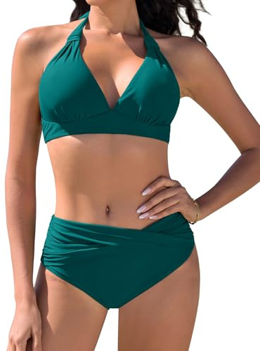 Nadeer Bikiniset för kvinnor push-up badmode baddräkter strand slips tvådelad sexig v-ringad baddräkt medium hög midja bikinibyxor, Turkos, M