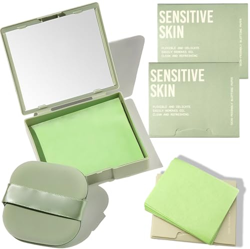 300-Sheet Oil Blotting Sheets for Face - Portable Mirror & Puff - Blotting Papers for Oily Skin Makeup- Convenient Facial Oil Absorbing Sheets for Makeup, Absorbing Excess Grease