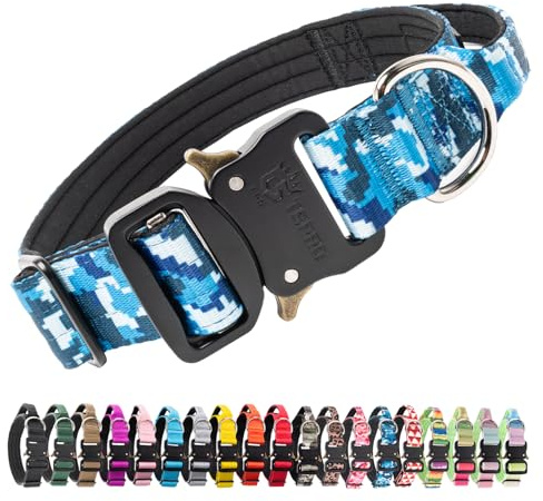 TSPRO Hundhalsband, taktiskt kraftigt hundhalsband med handtag och snabbfrigörande metallspänne, hållbart, tjockt och justerbart, för medelstora till stora hundar, kamouflage-blå, M