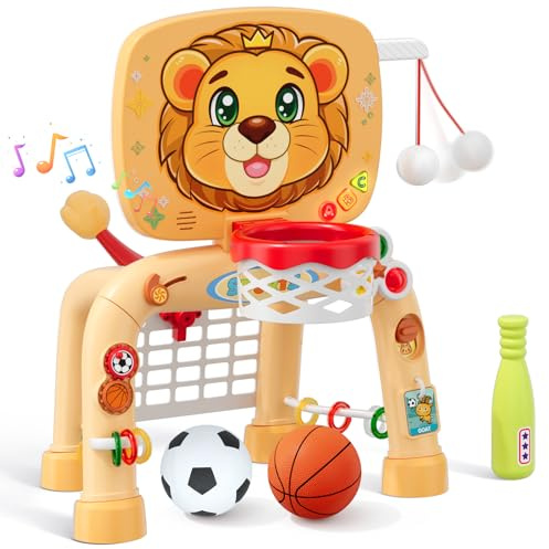 HYES 3 in 1 Kinder Basketballkorb Set mit Fußball Baseball, Basketballständer mit Fußballtor, Mini Basketballkorb, Kleinkind Lernantivitäten Spielgeräte Geschenk für Baby Junge Mädchen Indoor Outdoor
