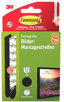Command 17217BLK-4-DE - Lot de 4 x 2 bandes adhésives extra larges (8 bandes) - Fixation noire sans perçage - Pour cadres photos, miroirs et autres décorations - XL
