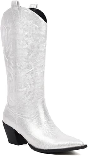 Dam Retro Broderade Stövlar Spetsig Tå Mitten Fat Dra På Tjock Klack Dam Stövlar Riddare Stövlar Läder Western Stövlar, White, 4 UK