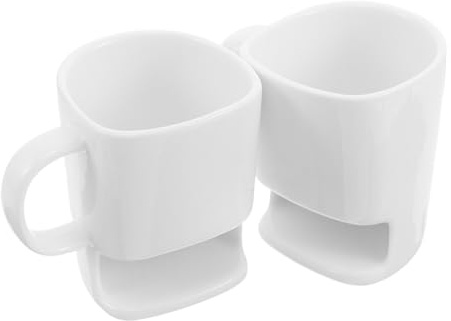 NUOBESTY Ceramic Coffee Mugs 225ml with Built-in Biscuit Holder 2pcs White Pottery Breakfast Cup Set with Excellent Durability and Modern Design for Morning Coffee and Afternoon Tea