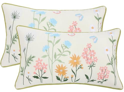 Tosleo Lot de 2 housses de coussin brodées printanières - Fleurs et papillons - 30 x 50 cm