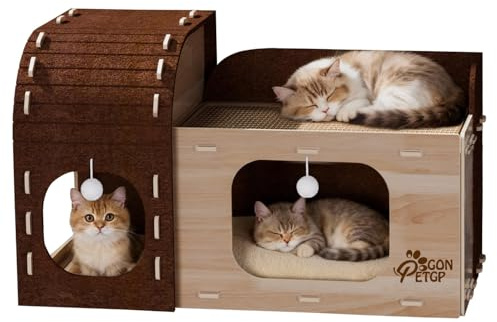 Large Cat Beds for Indoor Cats, Two-Story Cat Cave Cube for Multiple & Large Kitties, Foldable Cat Houses Hideaway Condo with Fluffy Ball, Scratch Pad, Removable Washable Cushioned Pillow