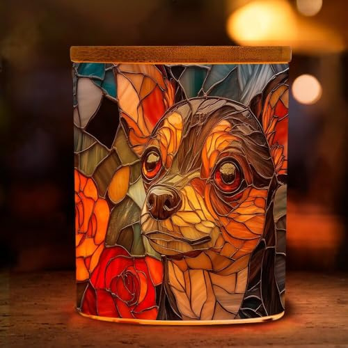 Stained Glass Chihuahua Dog Tea Light Holder with Bamboo Lid, Farm Floral Pet Votive Candle Holder Jar, Tea Light Trinket Jar, Inspiration Candle Holders Table Centerpieces for Home Decor