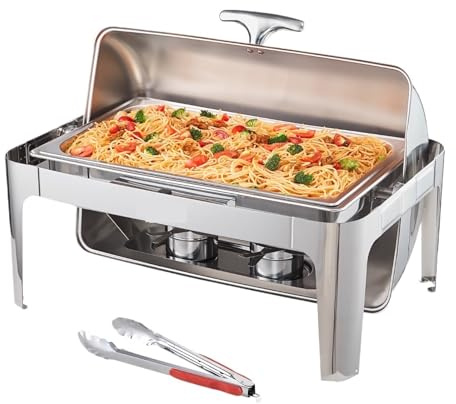 Roll Top Chafing Dish Buffet Set 8 Qt Stainless Steel Chafer W/Full Size Pan Rectangle Catering Warmer Server with Lid Long Lasting Heat Retention