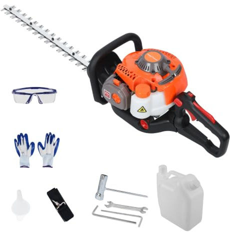 Taille-Haie Thermique 26CC, Double Lame 600mm, Réservoir 0.65L, Poignée Ergonomique Anti-Vibration, Démarrage Rapide, Léger avec Kit Outils et Pot de Mélange, pour Jardin, Haie, Arbuste Orange