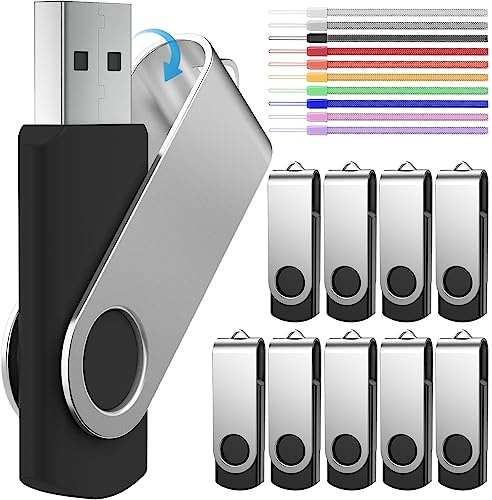 FEBNISCTE USB Sticks 256MB 10 Stück Speicherstick Einklappbarer Kleine | Kapazität 256 MB USB-Sticks Schwarz USB Flash Laufwerk mit Bunt 10 Stück Handgelenkseile Pendrive für Geschäftskunden