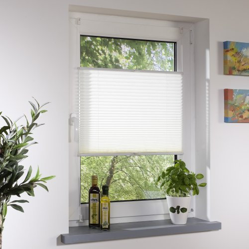 Liedeco® Plissee verspannt mit Klemmträger / 80 x 220 cm weiß (Breite x Höhe) / lichtdurchlässig Blickdicht und stufenlos verstellbar/leichte Innen-Montage ohne Bohren / 123 montiert