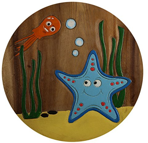 ART-CRAFT KH063 Kinderhocker Holz Schemel mit Motiv Seestern bemalt und beschnitzt extra große Sitzfläche Ø 30cm LxBXH = 30x30x27cm
