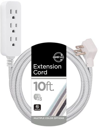 Cordinate 3 Outlet Power Strip Surge Protector Indoor Extension Cord 16 Gauge 10 Ft 3 Prong Braided Extension Cords Flat Extension Cord ETL Listed White 37914