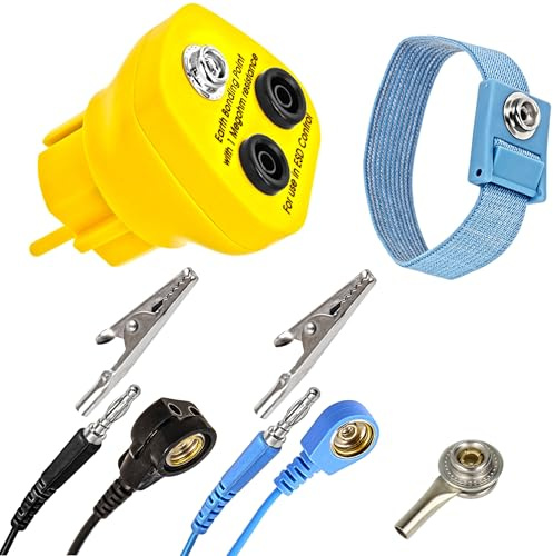 Minadax Erdungsbaustein + Manschette mit 2,4m Verlängerung EXTRA LANG - EBP - Innovativer ESD Antistatik Schutzkontaktstecker Erdungsstecker - 1 x Druckknopfbuchse 2 x Bananenstecker - 1 Megaohm