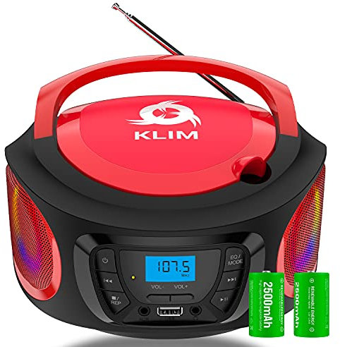 KLIM Boombox Poste Radio CD -Radio FM, Poste CD Bluetooth, MP3, USB, AUX - Piles Rechargeable Incluses - Modes Filaire et sans Fil - Compact et Robuste Lecteur CD Portable- Rouge