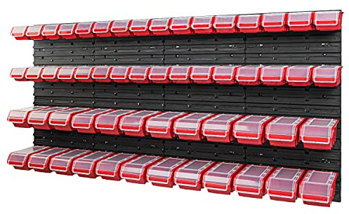 PAFEN Stapelbox Wandregal - 1544 x 780 mm - Lagersystem 56 Stück Boxen mit Deckel - Lagerregal Sichtlagerkästen Schüttenregal, Rot