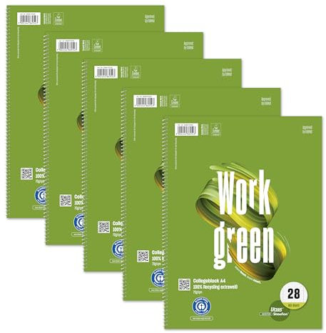 Staufen 608572028 - Staufen Green Collegeblock, DIN A4, WORK-Motiv, Lineatur 28 (5 mm kariert mit Randlinien), 80 Blatt, 4-fach Lochung, premiumweißes 70g/m² Recyclingpapier, 5 Stück
