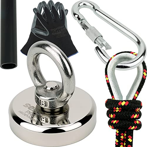 SENSEI Set 80 kg, N52 Neodym-Magnet mit Öse, Ø4,8 x H1,2 cm, Segelseil 25 m, Schutzhandschuhe + Zubehör, Set mit Ösenmagnet zum Magnetfischen im Wasser