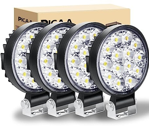 PICAA Foco de trabajo LED 4PCS 3.2 pulgadas 42W Mini Ronda LED Spot Tractor 12V-24V 6000K Focos LED para Tractores IP68 Impermeable Luz de Niebla Coche,SUV, UTV, ATV, Off-road,Camión,Moto,Barco