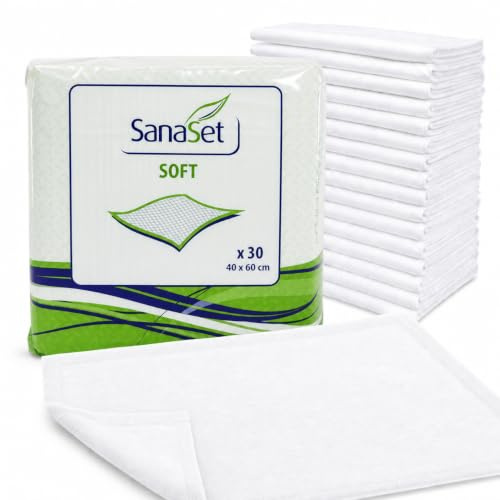 SanaSet Einweg Inkontinenzunterlagen 60x40 cm, 60 STK, mit saugstarkem Flockenkern, wasserdichte Krankenunterlagen für Bett, Matratze, Stuhl, Pflege, Senioren, Babys und Tiere