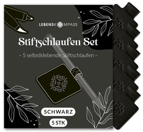 Lebenskompass® Stiftschlaufe Selbstklebend Set (5 x Stück Schwarz) aus hochwertigem Veganem PU-Leder Pen Loop & Stifthalterung für Kalender, Bullet Journal und Tagebuch