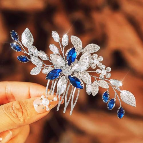 IYOU Peine para Pelo de Boda Novia Accesorios para el Cabello con Diamantes de Imitación Azul Tocado de Damas de Honor de Novia de Flores para Mujeres