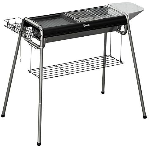 Outsunny Barbecue a Carbonella con Griglia BBQ e Piastra, Barbecue Portatile con Cestino, Ganci e Ripiani, 107x63x75cm, Nero