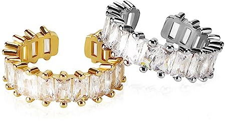 Anello Heveer con Zirconi Donna Regolabile con Pietra Rettangolare 2 Pezzi Argento Oro