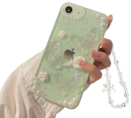 Ownest Handyhülle Kompatibel iPhone 7 / iPhone 8 / iPhone SE Hülle Flash Schmetterling Blume Transparent Design Aesthetic Frauen Mädchen Glitzer Kristall TPU Case für iPhone 7/8/SE + Perlenkette