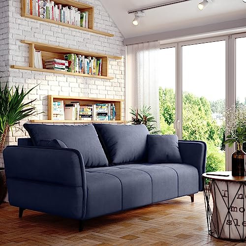 Sofa Isabell mit Bettkasten Schlafsofa Polstersofa mit Schlaffunktion Klappsofa Couch mit Schwarzen Füßen Sofagarnitur Wohnzimmer Gastzimmer (Sofa, Dunkelblau)