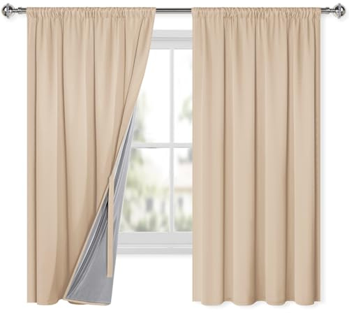 XWZO 100% Blickdichte Vorhänge Wohnzimmer, Vorhänge mit Kräuselband, Gardinen Schlafzimmer, Doppellagige Dicke Verdunklungsvorhänge Thermovorhang Kälteschutz, 175x140 cm(HxB) Creme 2er Set