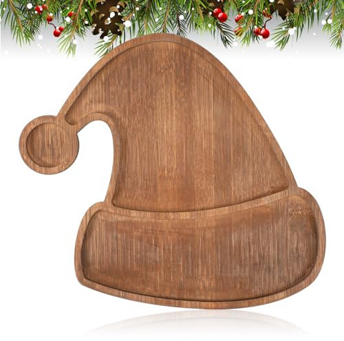 Maxcheck Vassoio da portata in legno natalizio a forma di cappello di Babbo Natale, rustico fattoria, 29 x 26 cm, piatto da portata per salumi, formaggio, frutta