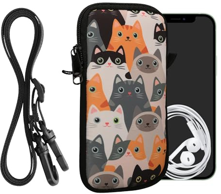 kwmobile Handytasche für Smartphones XL - 6,7/6,8 - Neopren Handy Hülle Orange Schwarz Weiß - Handy Tasche mit Kette 17,2 x 8,4 cm Innenmaße - Katzen
