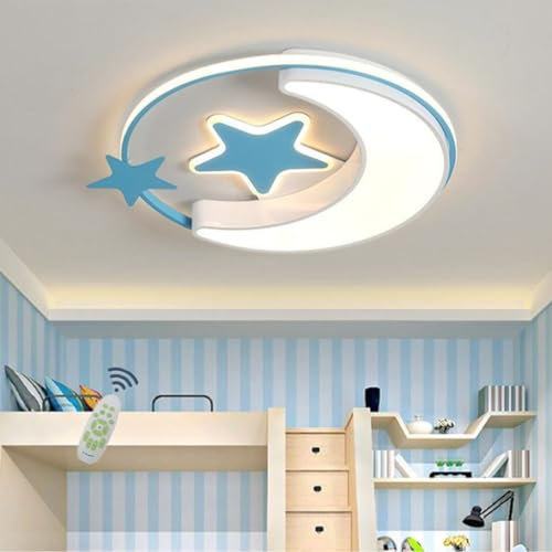 WJLL LED Deckenlampe Kinderlampe Stern Mond Deckenleuchten Für Kinder Acryl Lampenschirm Dimmbar mit Fernbedienung 33W 3000K-6000K Schlafzimmer Decke Lampen Kindergarten Beleuchtung-D45cm blue