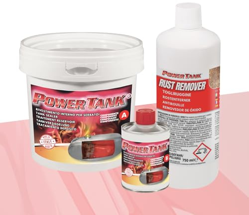 POWER TANK Traitement réservoir moto voiture (100/120 litres) Kit très grand 2,5 kg pour intérieur Réservoirs essence diesel gazole élimine la rouille répare protège la Vespa antique rouillée avec