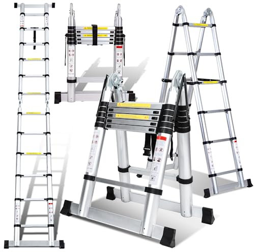 Eulenke Teleskopleiter 1,9M+1,9M Aluminium Trittleiter 6+6 Stufen Stehleiter Klappleiter, 150 kg Belastbarkeit, Teleskop Ausziehleiter Haushaltsleiter, Silber